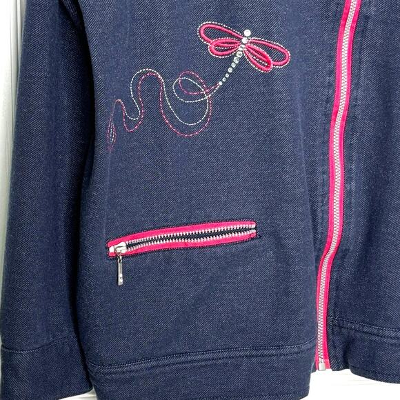 Alfred Dunner Wms 18 Blue Knit Full Zip Jacket Pink Dragonfly With Rhinestones - Picture 6 of 12
